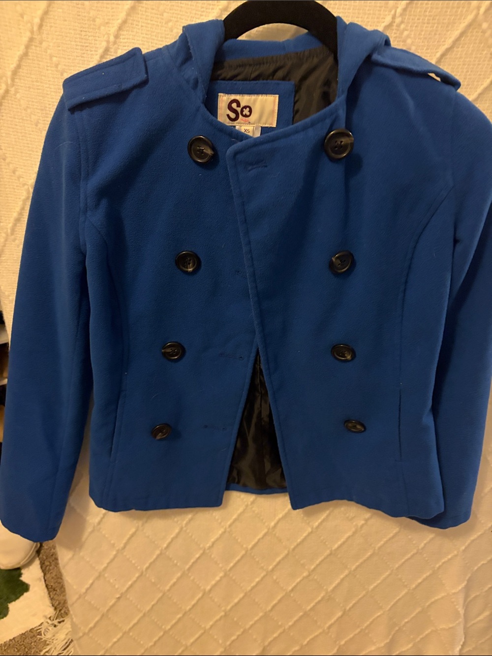 SO Womens Double-Breasted Bright Blue Peacoat with Black Buttons